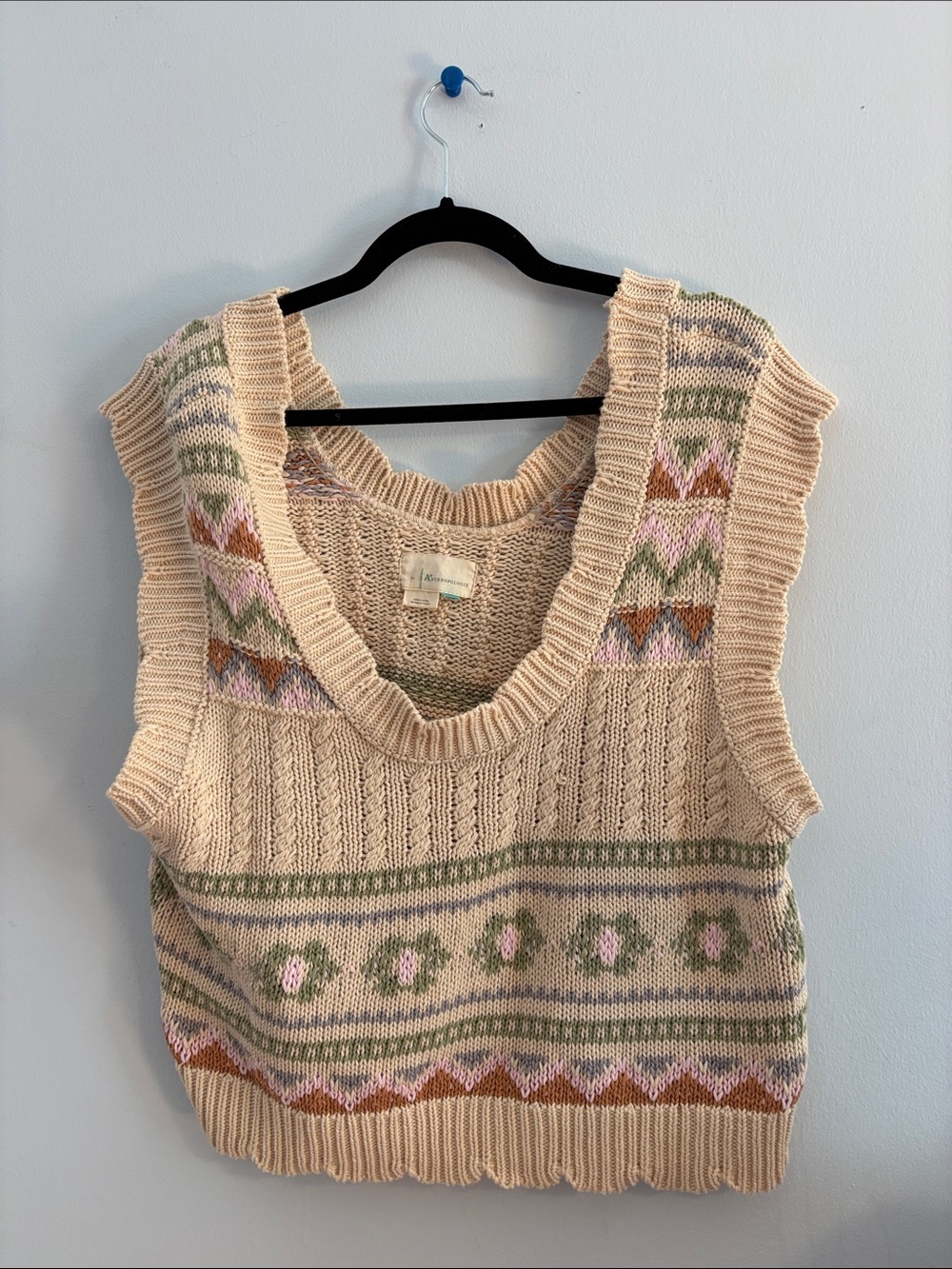 Anthropologie Cream Knit V-Neck Sweater Vest with Green and Pink Accents